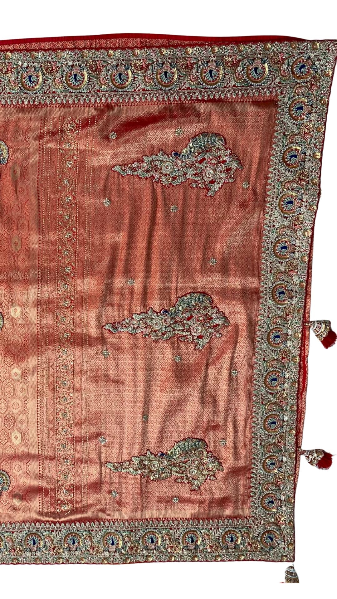 Orange Banarasi Silk Unstitched Saree with Dupatta Embellished with Moti & Zari Work